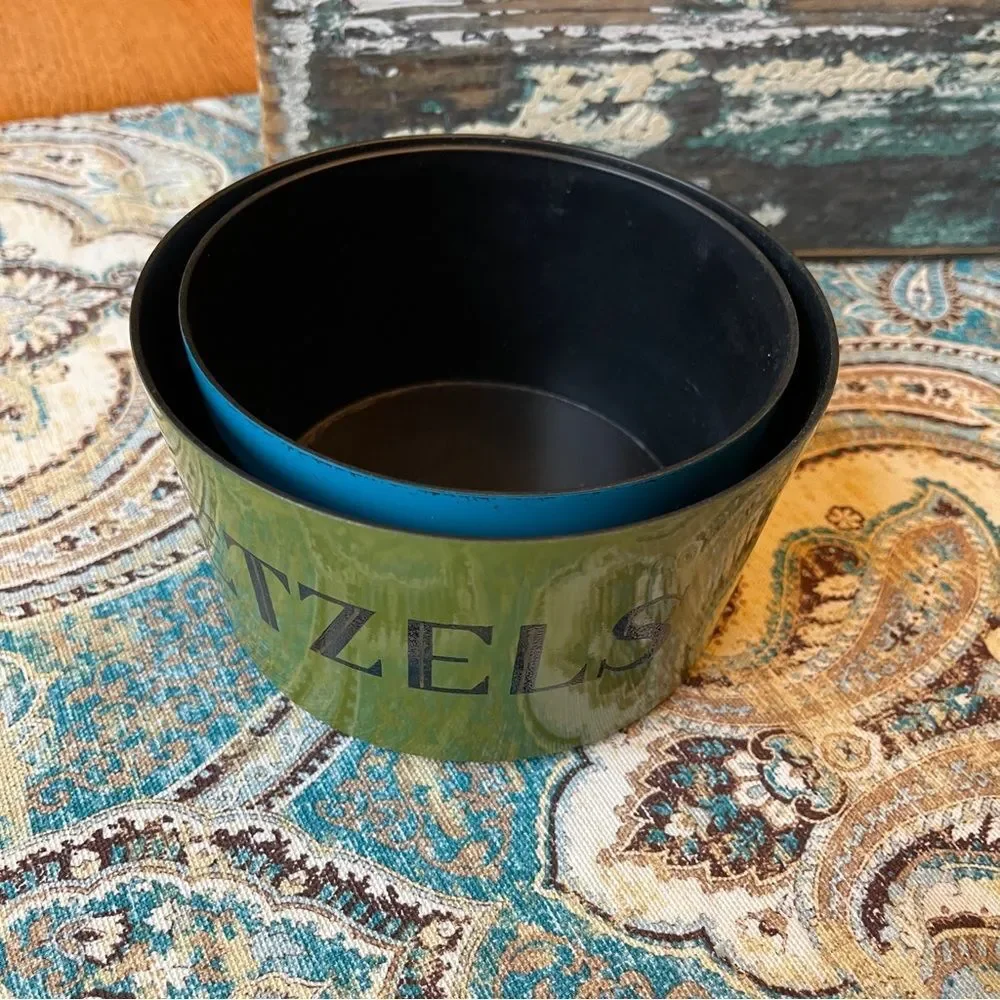 Mid Century Melamine Pretzel & Snack Bowls Green Blue Black Set of 2 1970s